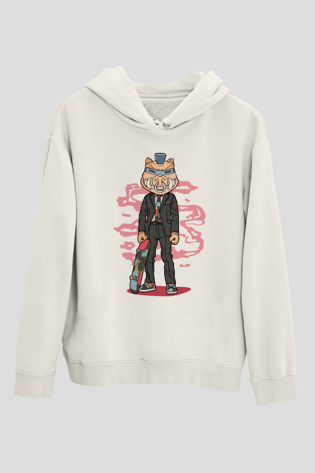 Bebop Skateboard Baskılı Unisex Beyaz Hoodie