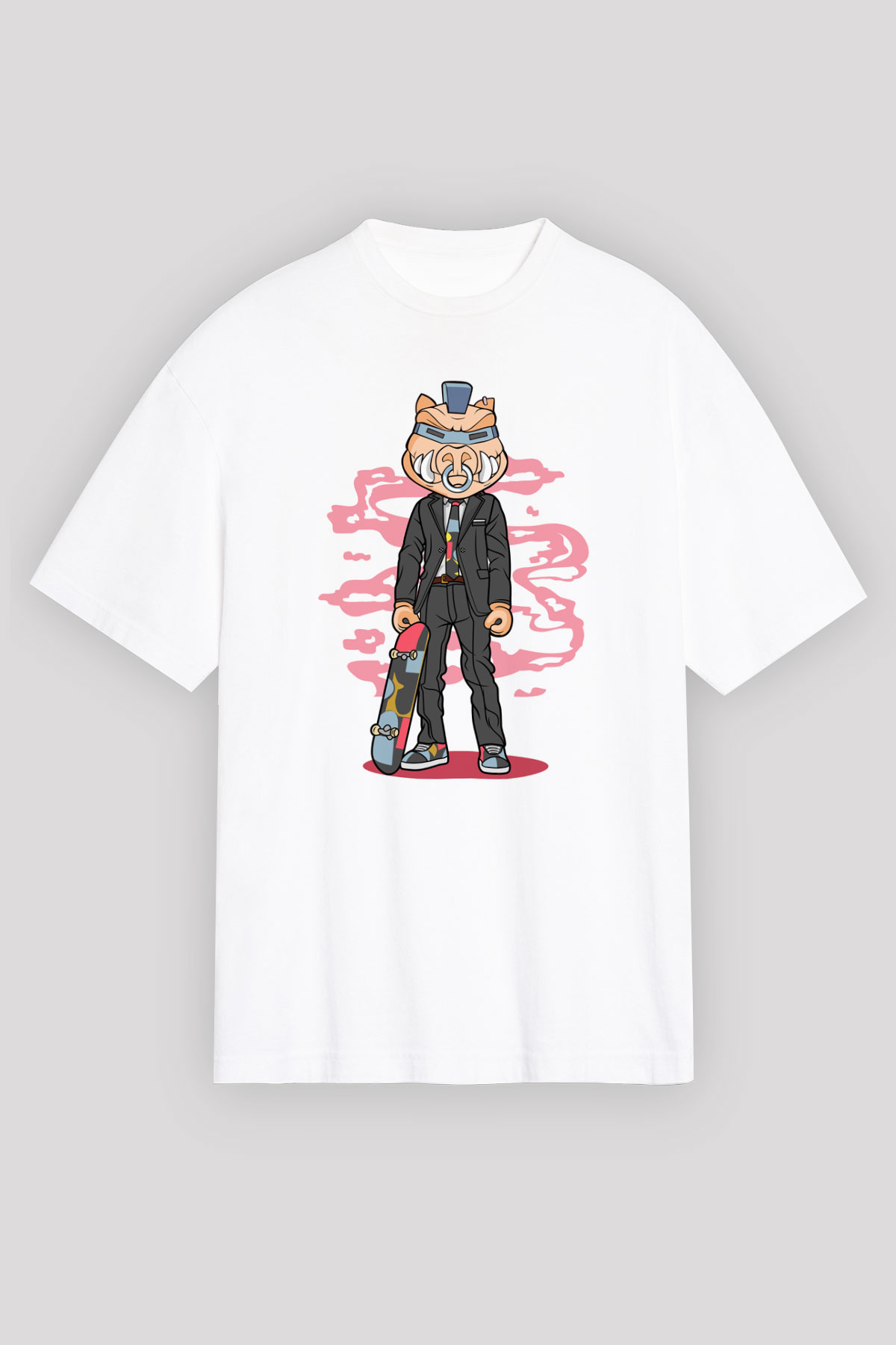 Bebop Skateboard Baskılı Unisex Beyaz Oversize Tişört
