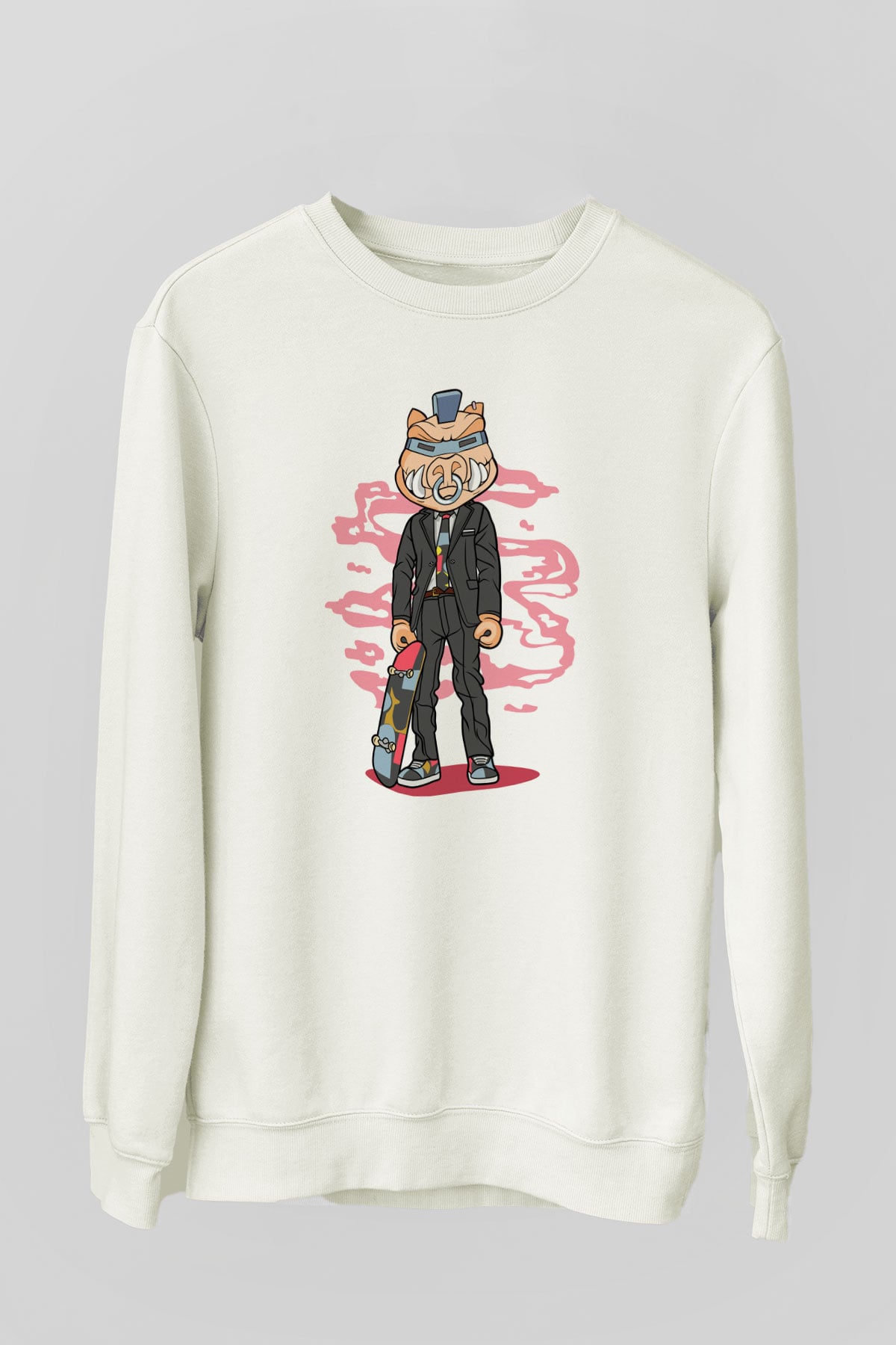 Bebop Skateboard Baskılı Unisex Beyaz Sweatshirt