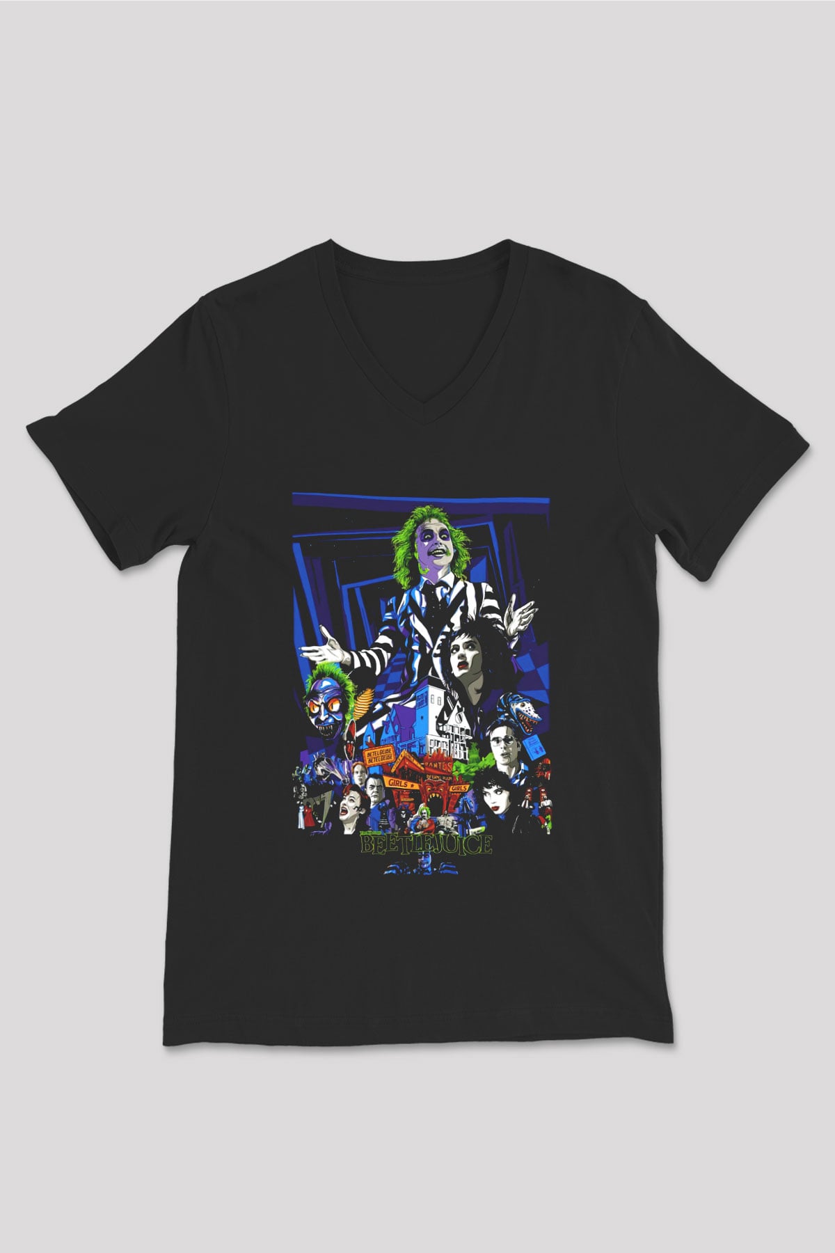Beetlejuice Beterböcek Siyah Unisex V Yaka Tişört