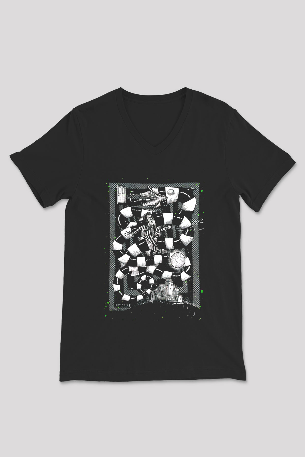 Beetlejuice Beterböcek Siyah Unisex V Yaka Tişört