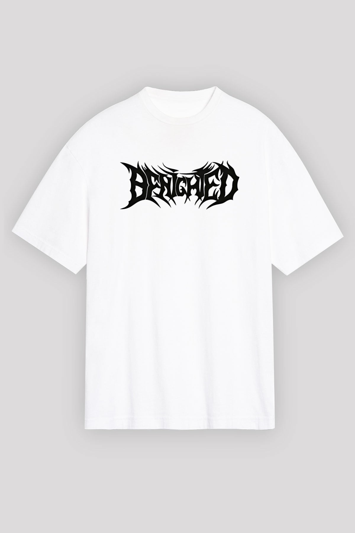 Benighted Baskılı Beyaz Unisex Oversize Tişört - Tshirt