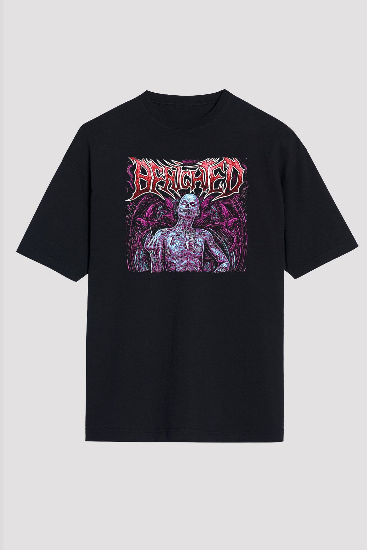 Benighted Baskılı Unisex Siyah Oversize Tişört - Tshirt