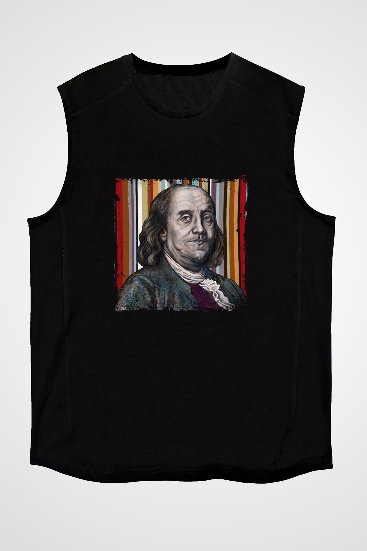 Benjamin Franklin Baskılı Unisex Siyah Kolsuz Tişört