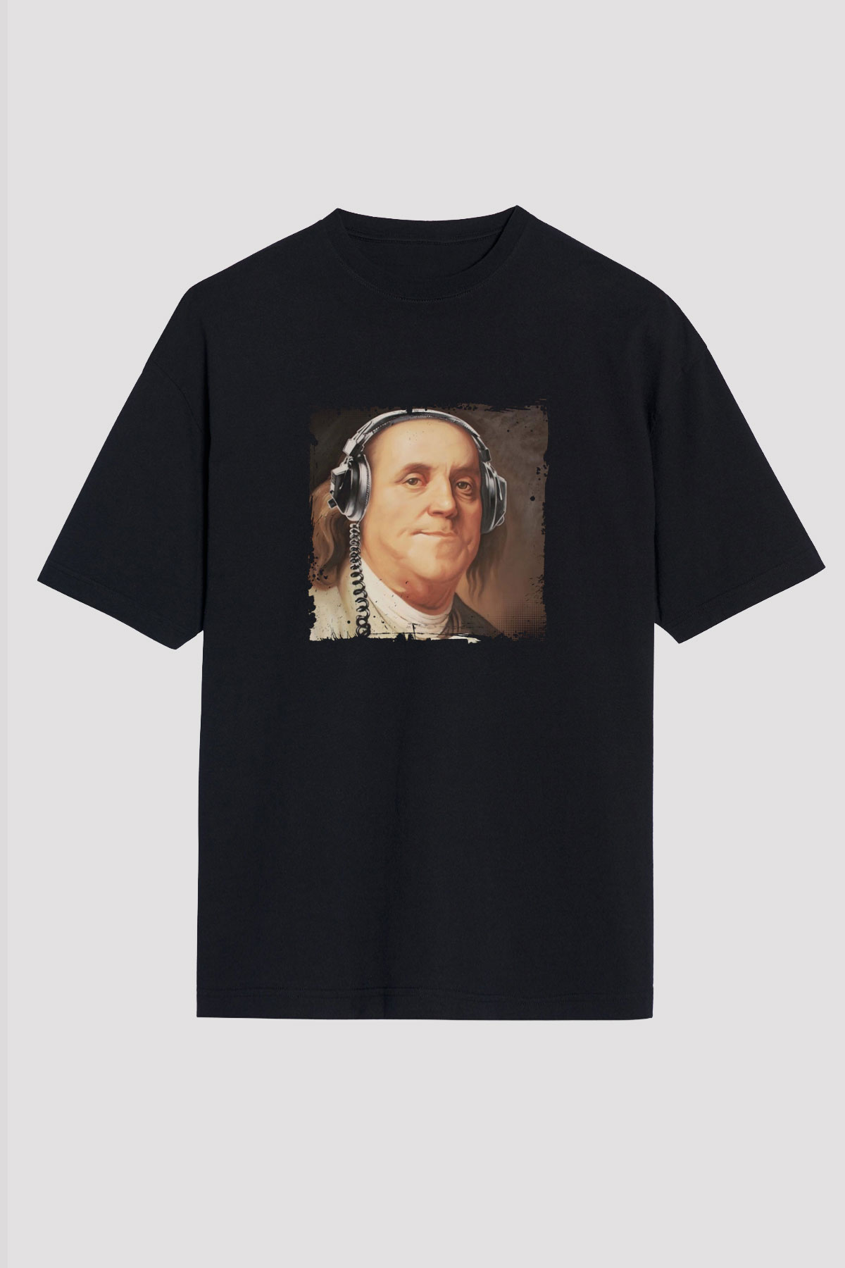 Benjamin Franklin Baskılı Unisex Siyah Oversize Tişört