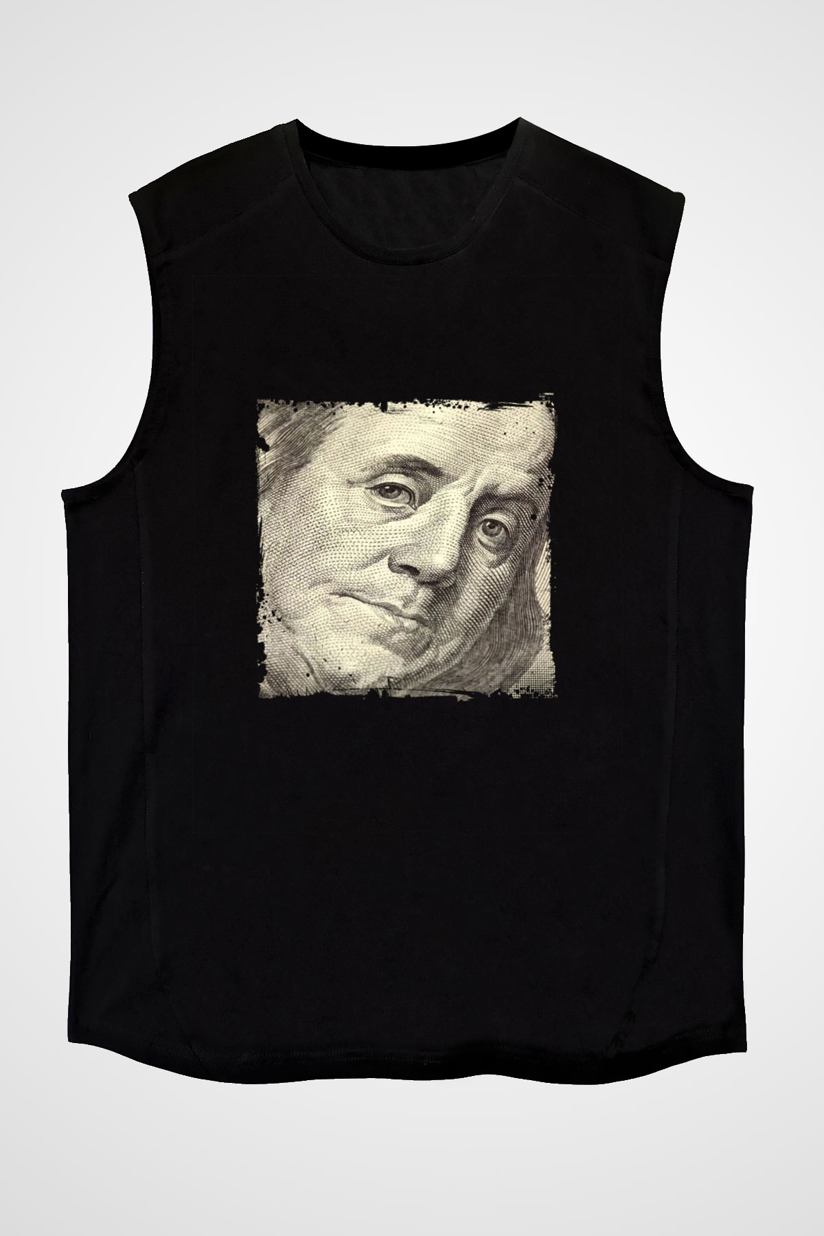Benjamin Franklin Baskılı Unisex Siyah Kolsuz Tişört