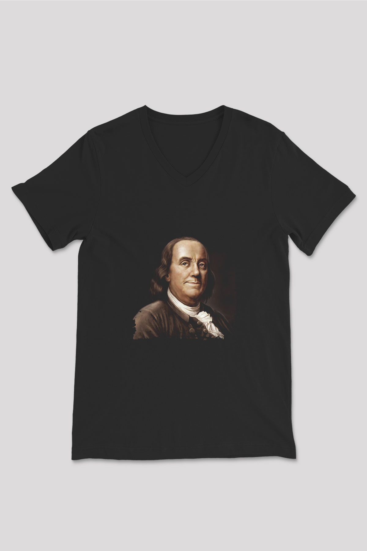 Benjamin Franklin Baskılı Unisex Siyah V Yaka Tişört