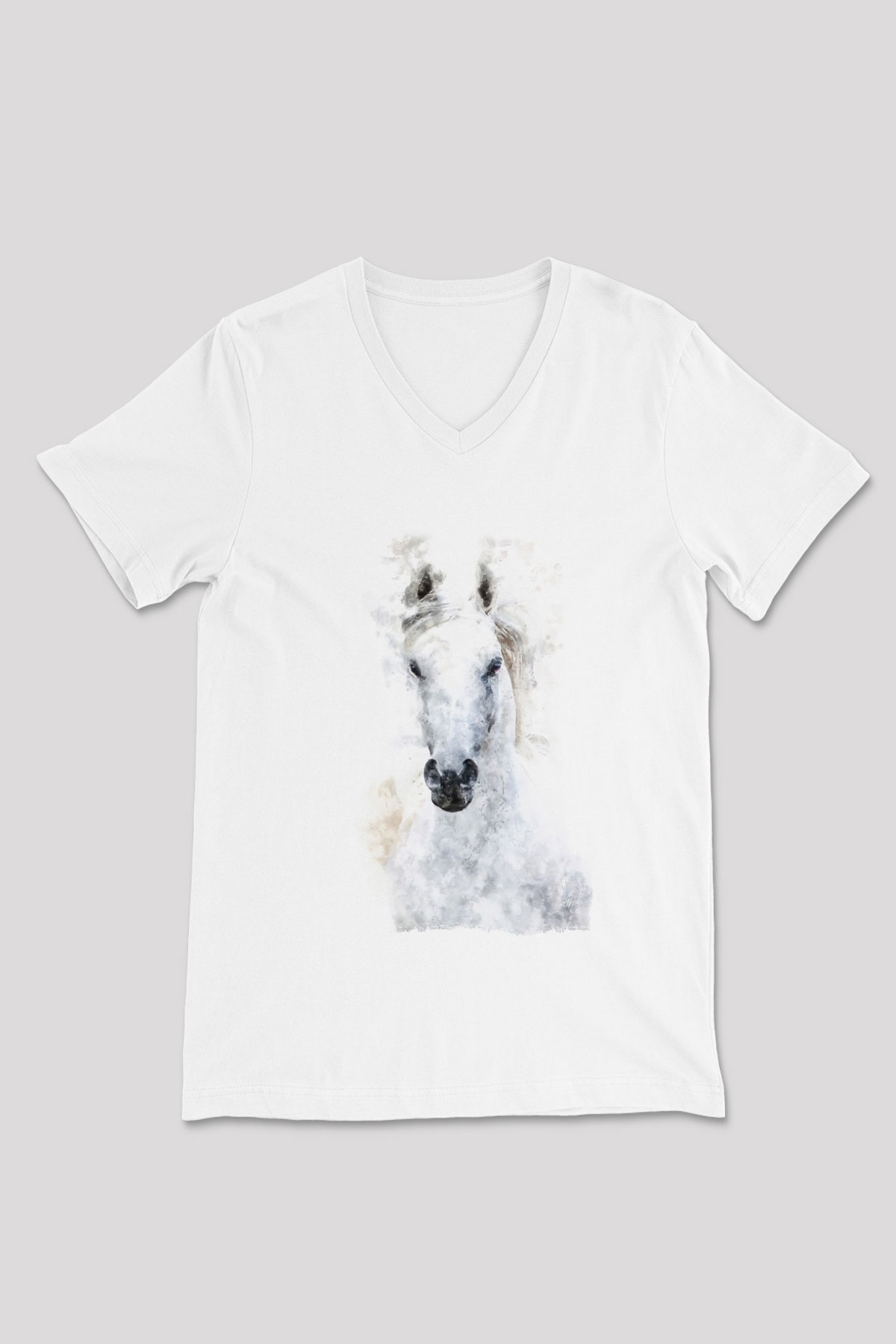 Beyaz At Baskılı Unisex Beyaz  V Yaka Tişört