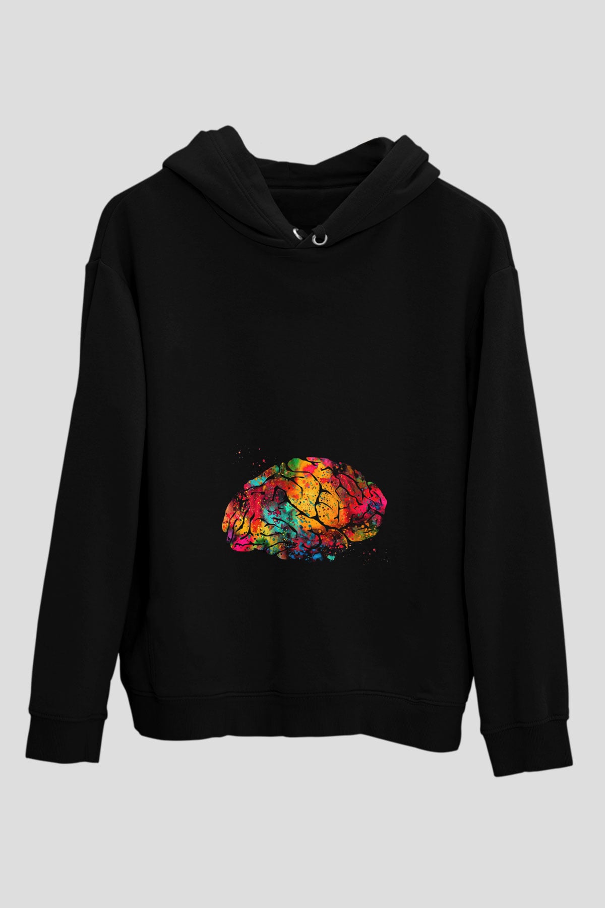 Beyin İllustrasyon Baskılı Unisex Siyah Hoodie