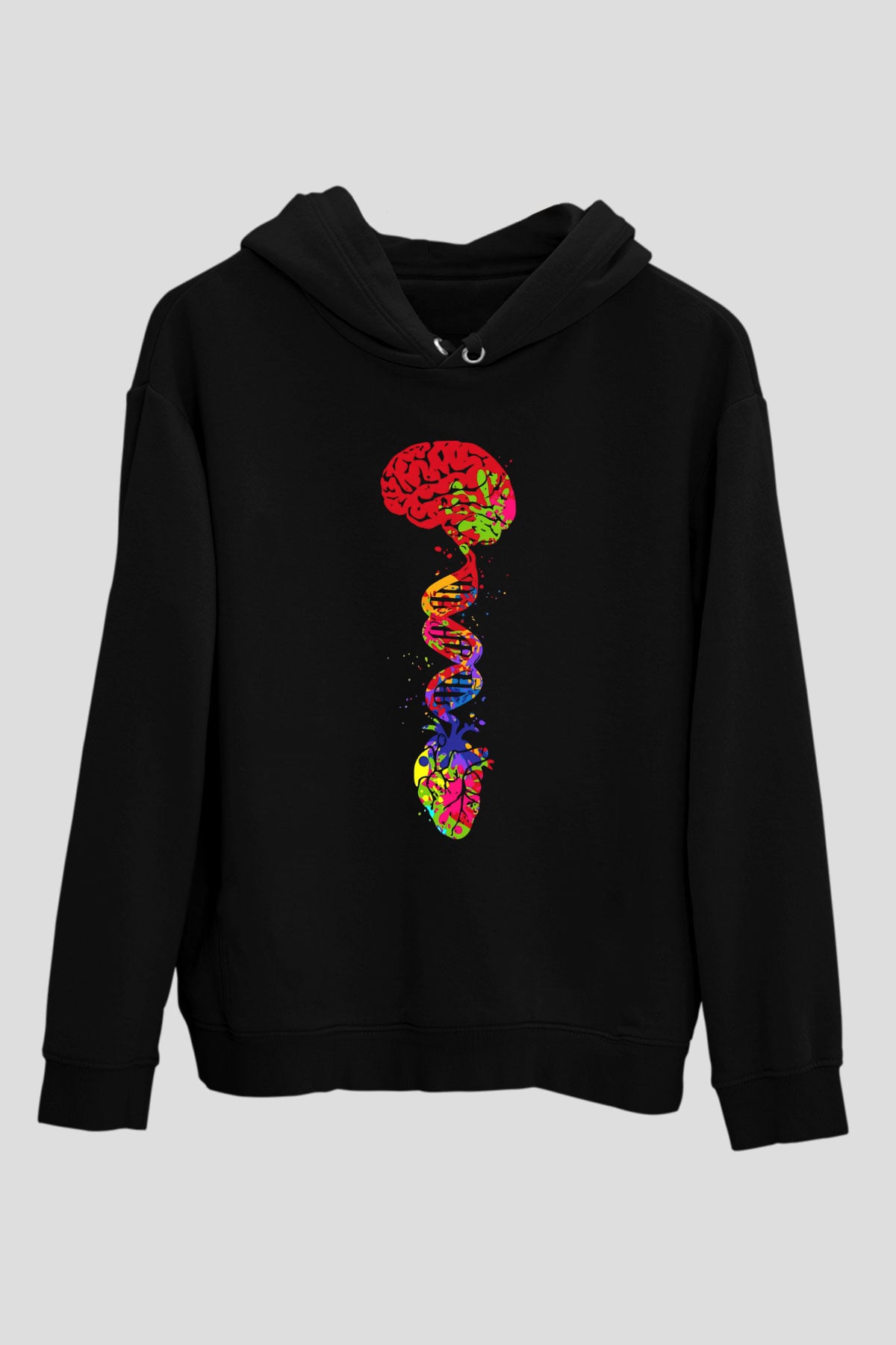 Beyin Omurga DNA Sarmalı Baskılı Unisex Siyah Hoodie
