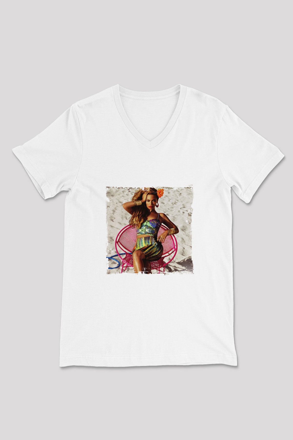 Beyonce Baskılı Beyaz V Yaka Unisex Tişört