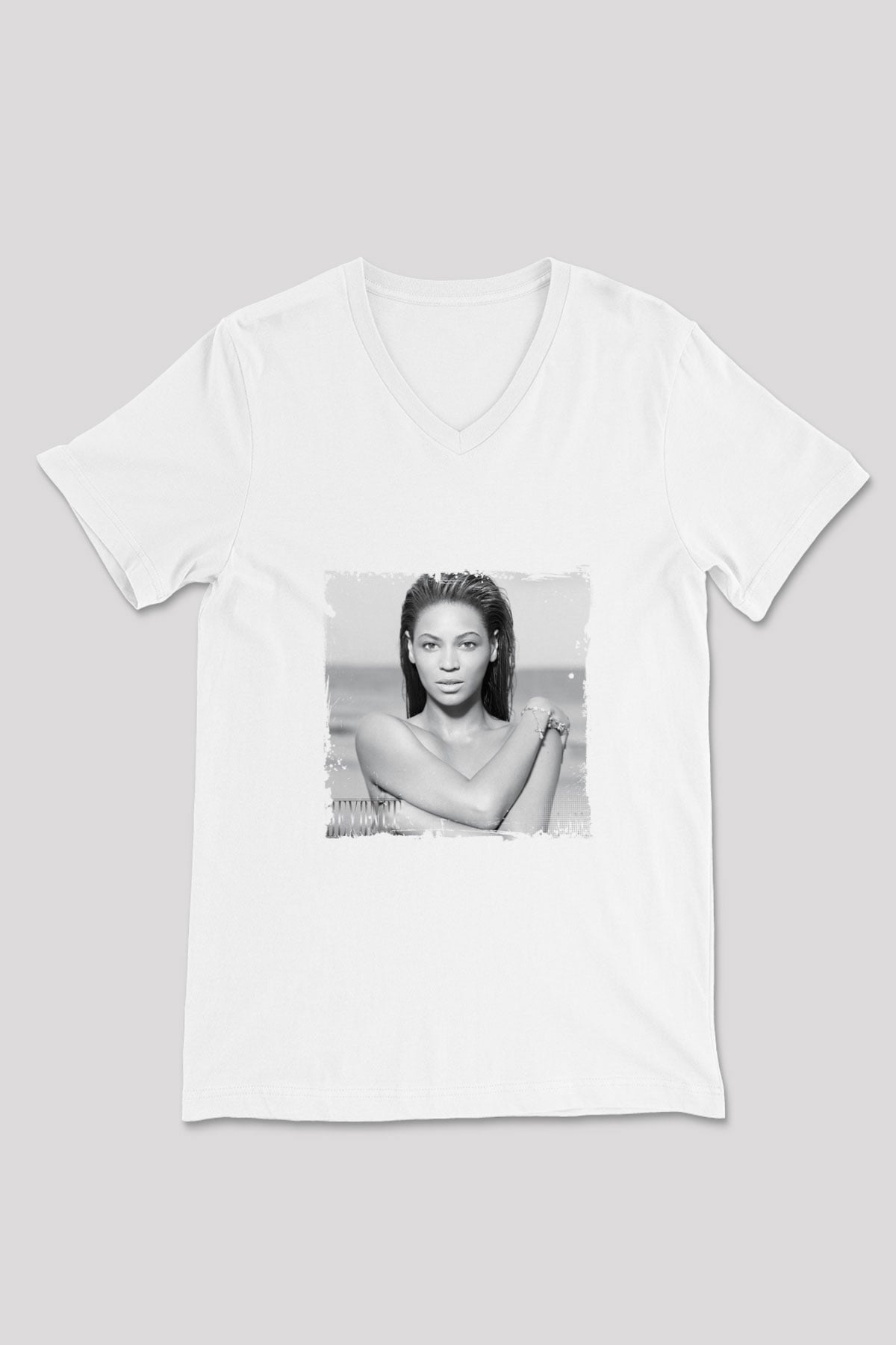 Beyonce Baskılı Beyaz V Yaka Unisex Tişört
