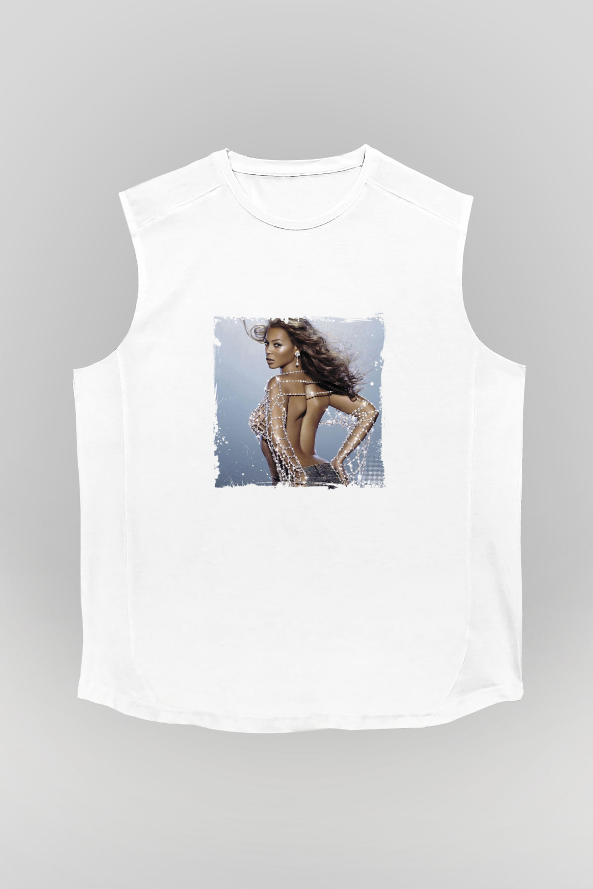 Beyonce Baskılı Unisex Beyaz Kolsuz Tişört