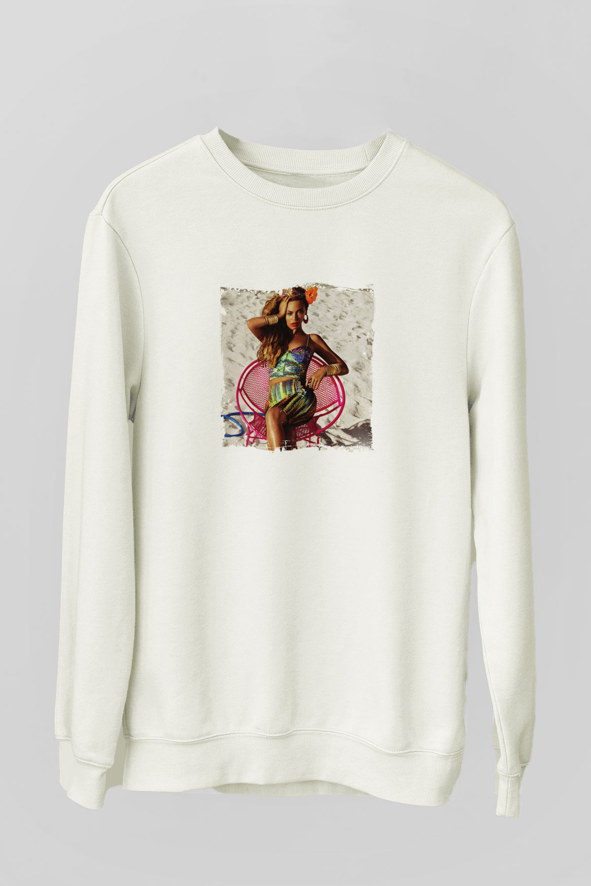 Beyonce Baskılı Unisex Beyaz Sweatshirt