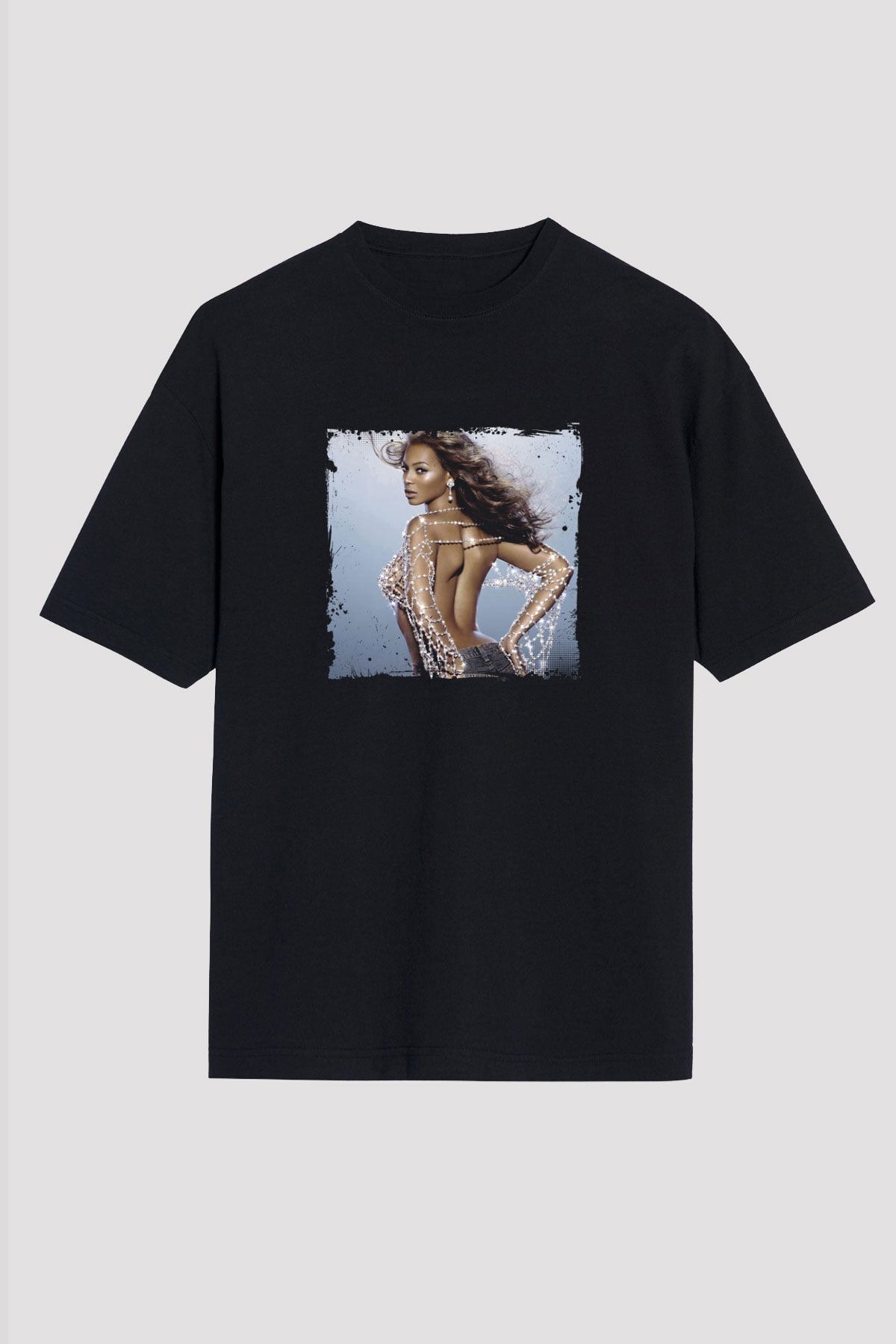 Beyonce Baskılı Unisex Oversize Siyah Tişört
