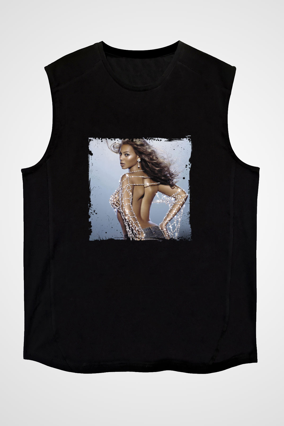 Beyonce Baskılı Unisex Siyah Kolsuz Tişört