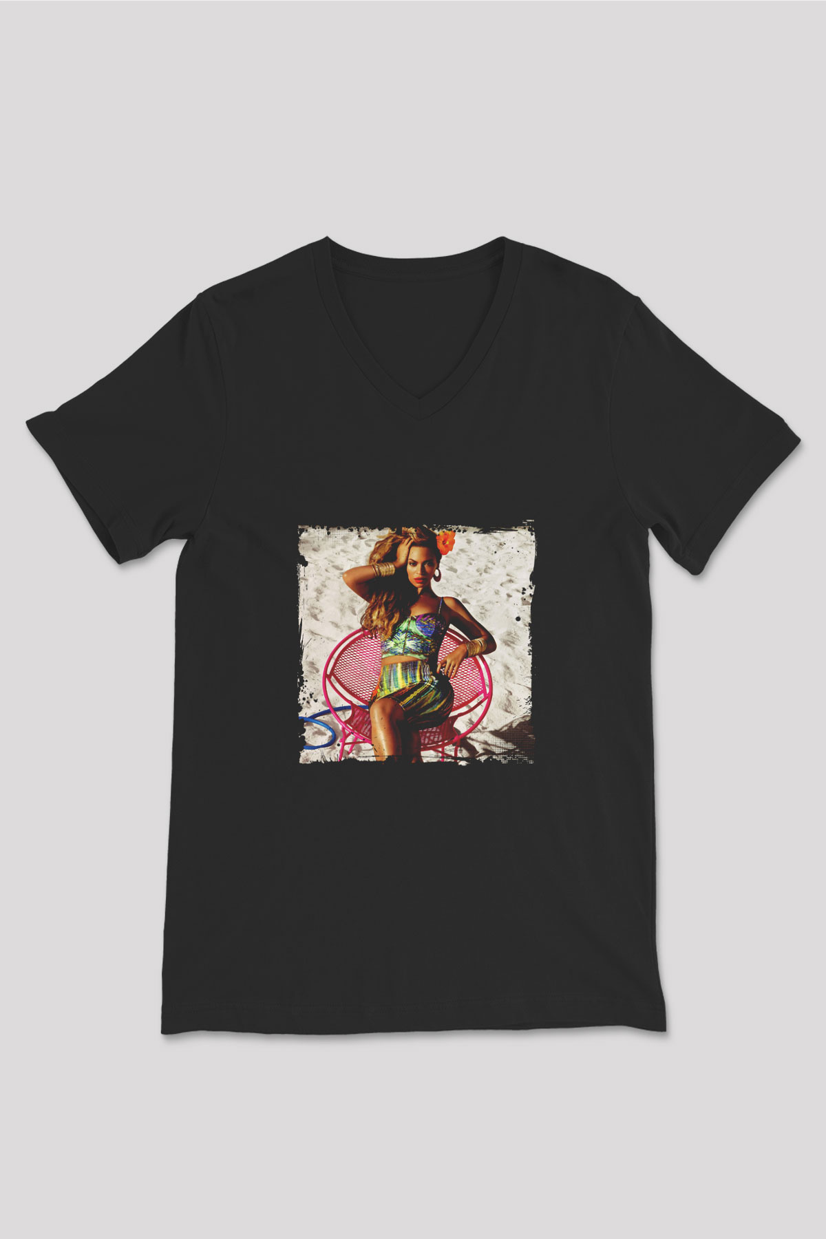 Beyonce Baskılı Unisex Siyah V Yaka Tişört