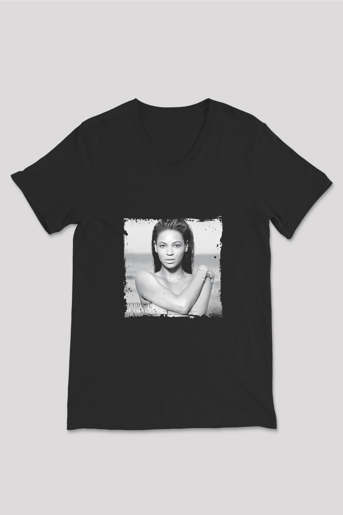 Beyonce Baskılı Unisex Siyah V Yaka Tişört