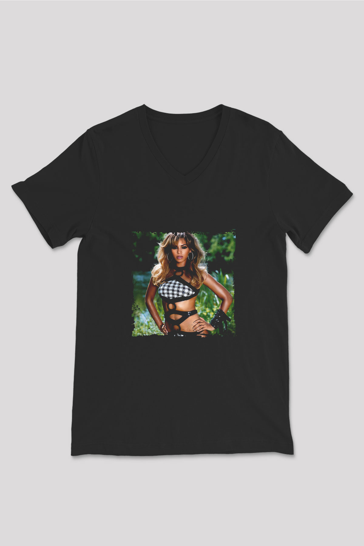 Beyonce Baskılı Unisex Siyah V Yaka Tişört