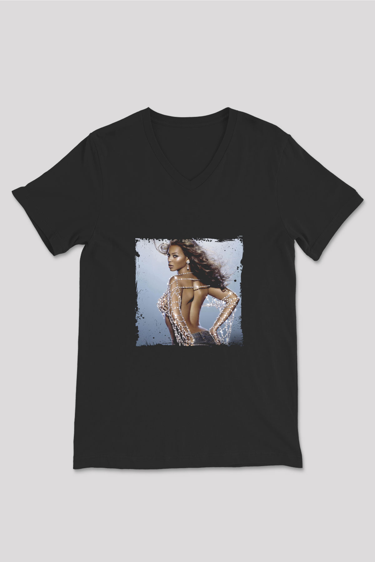 Beyonce Baskılı Unisex Siyah V Yaka Tişört