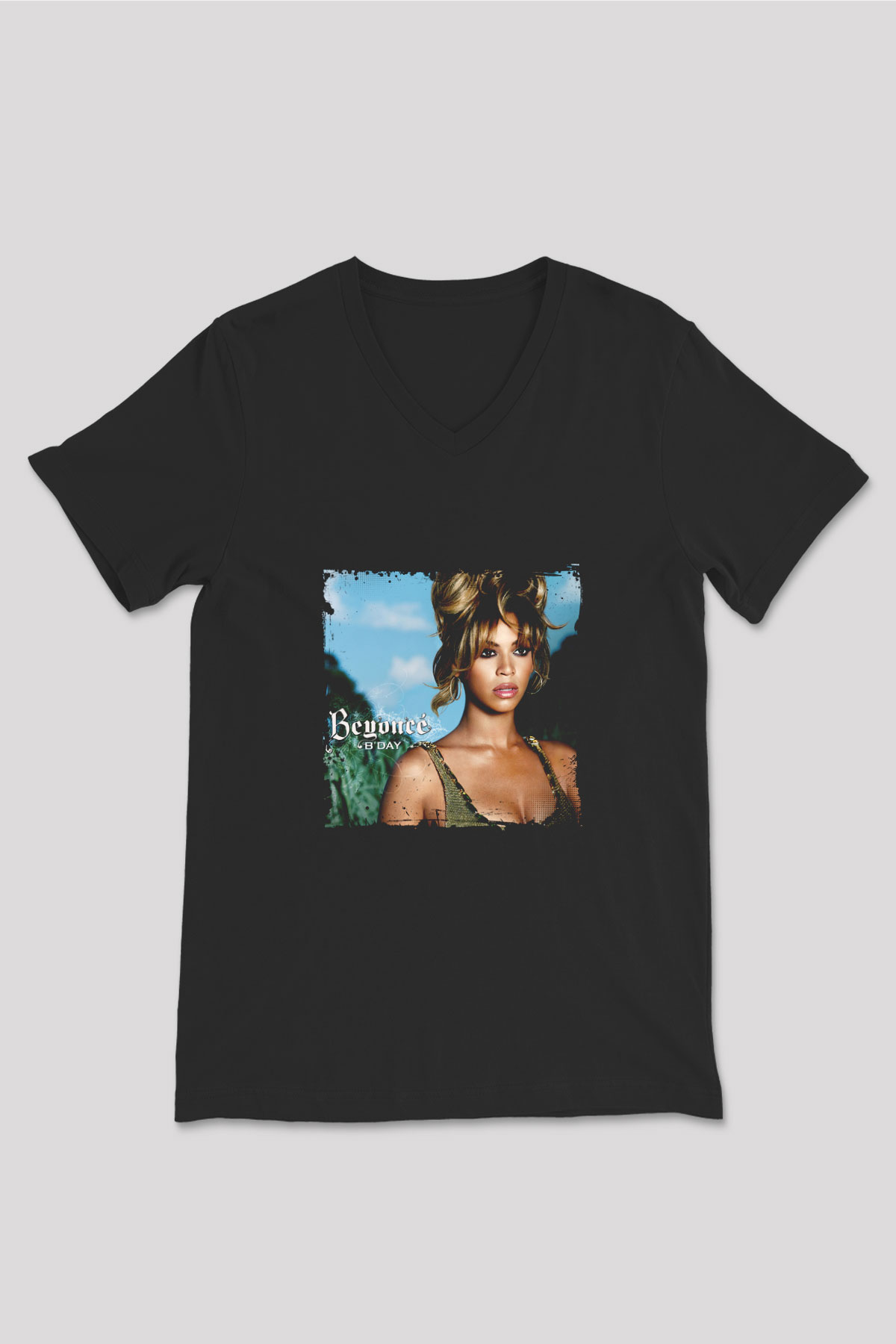 Beyonce Baskılı Unisex Siyah V Yaka Tişört