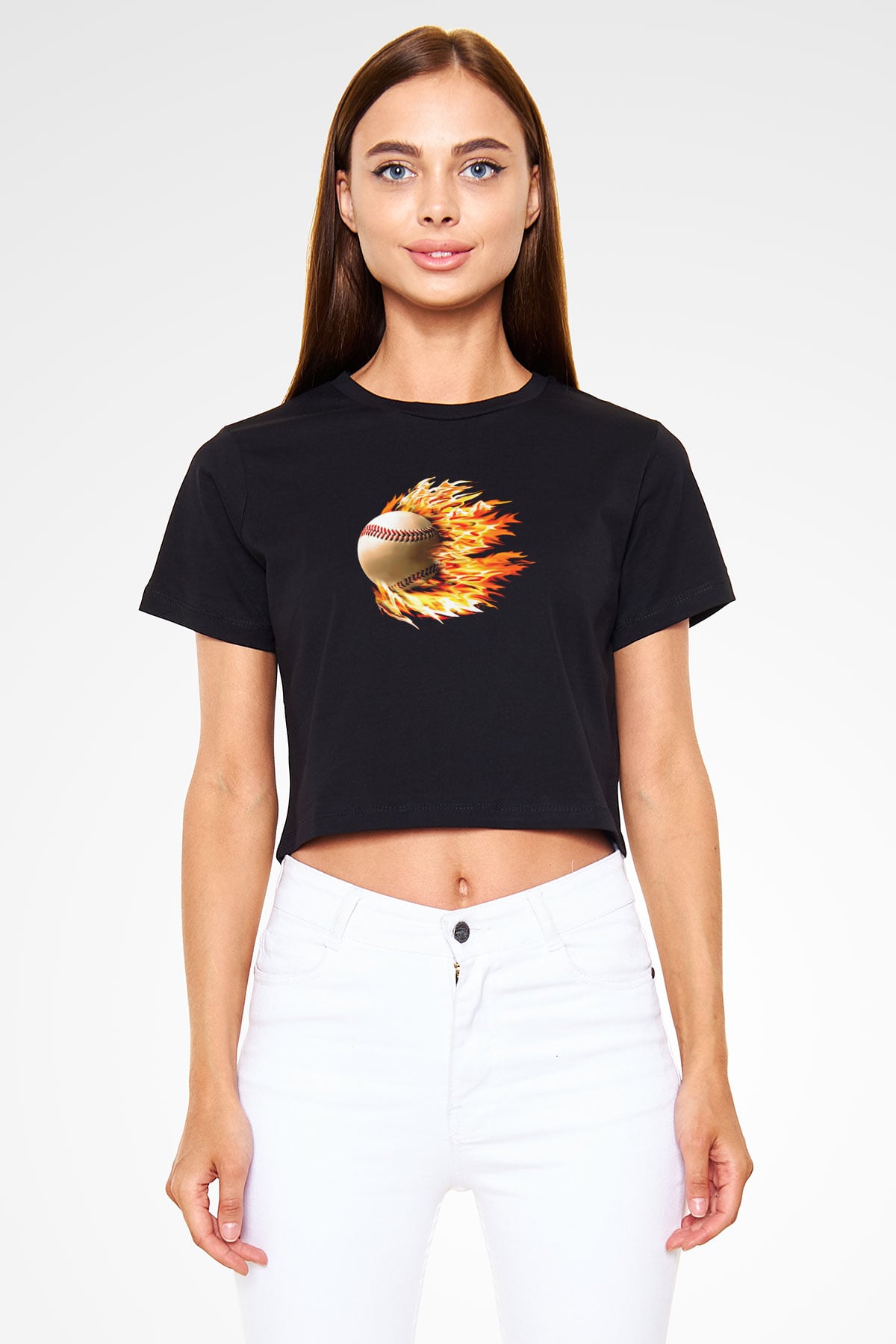 Beyzbol - Baseball Baskılı Crop Top Siyah Kadın Tişört - Tshirt