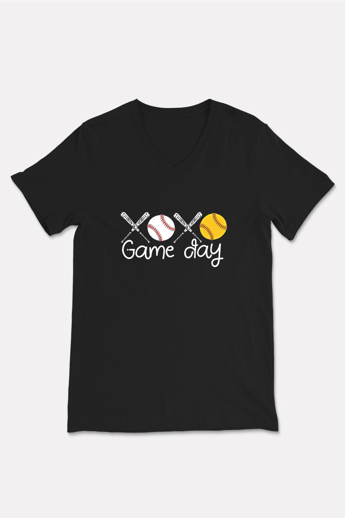 Beyzbol - Baseball Baskılı Unisex Siyah V Yaka Tişört