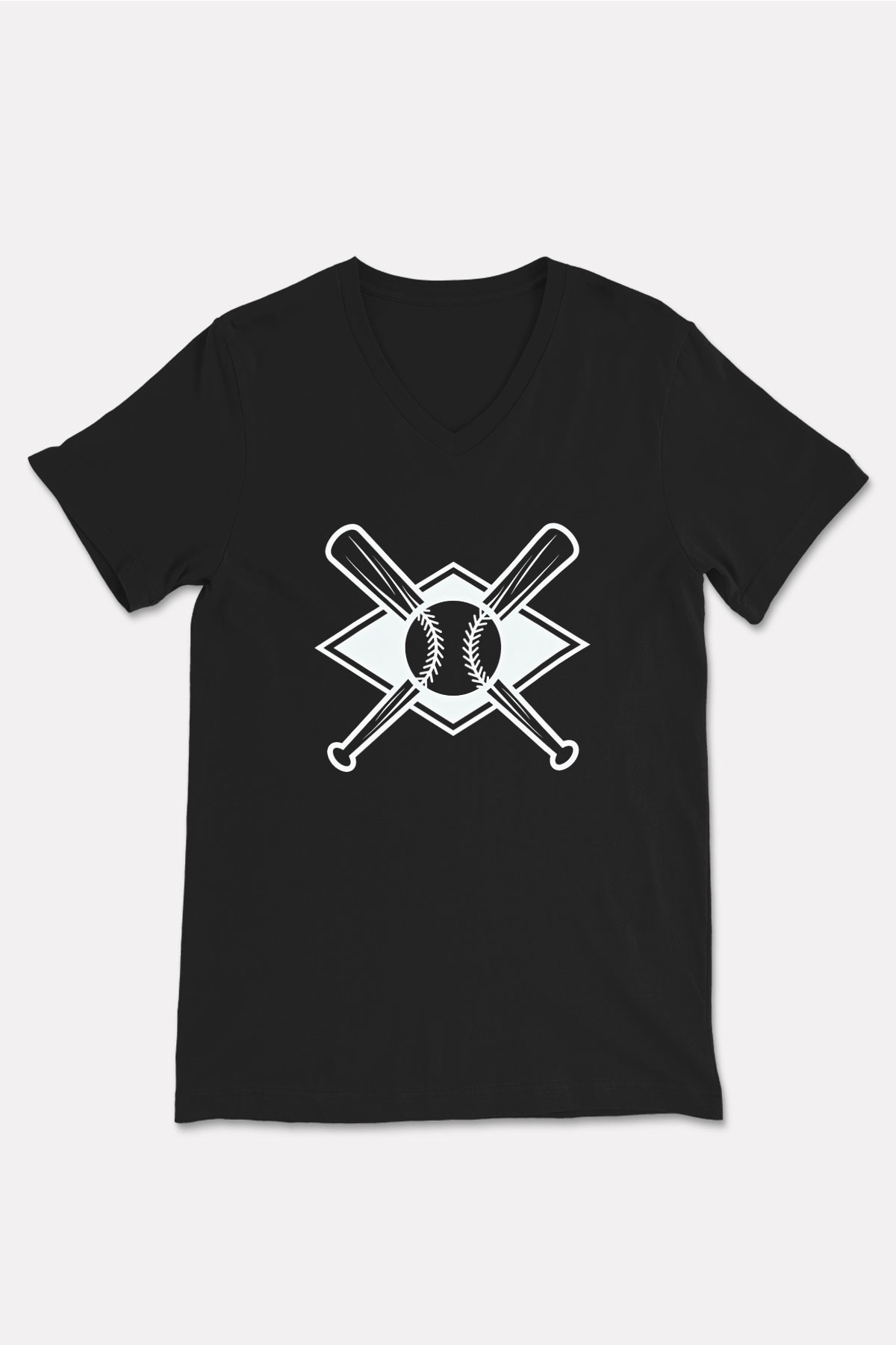 Beyzbol - Baseball Baskılı Unisex Siyah V Yaka Tişört