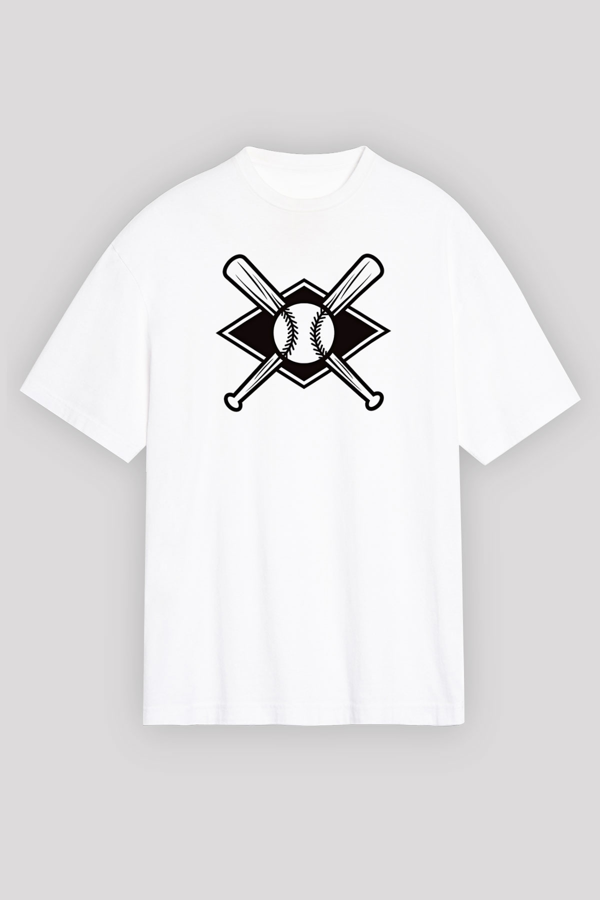 Beyzbol Baskılı Unisex Beyaz Oversize Tişört - Tshirt