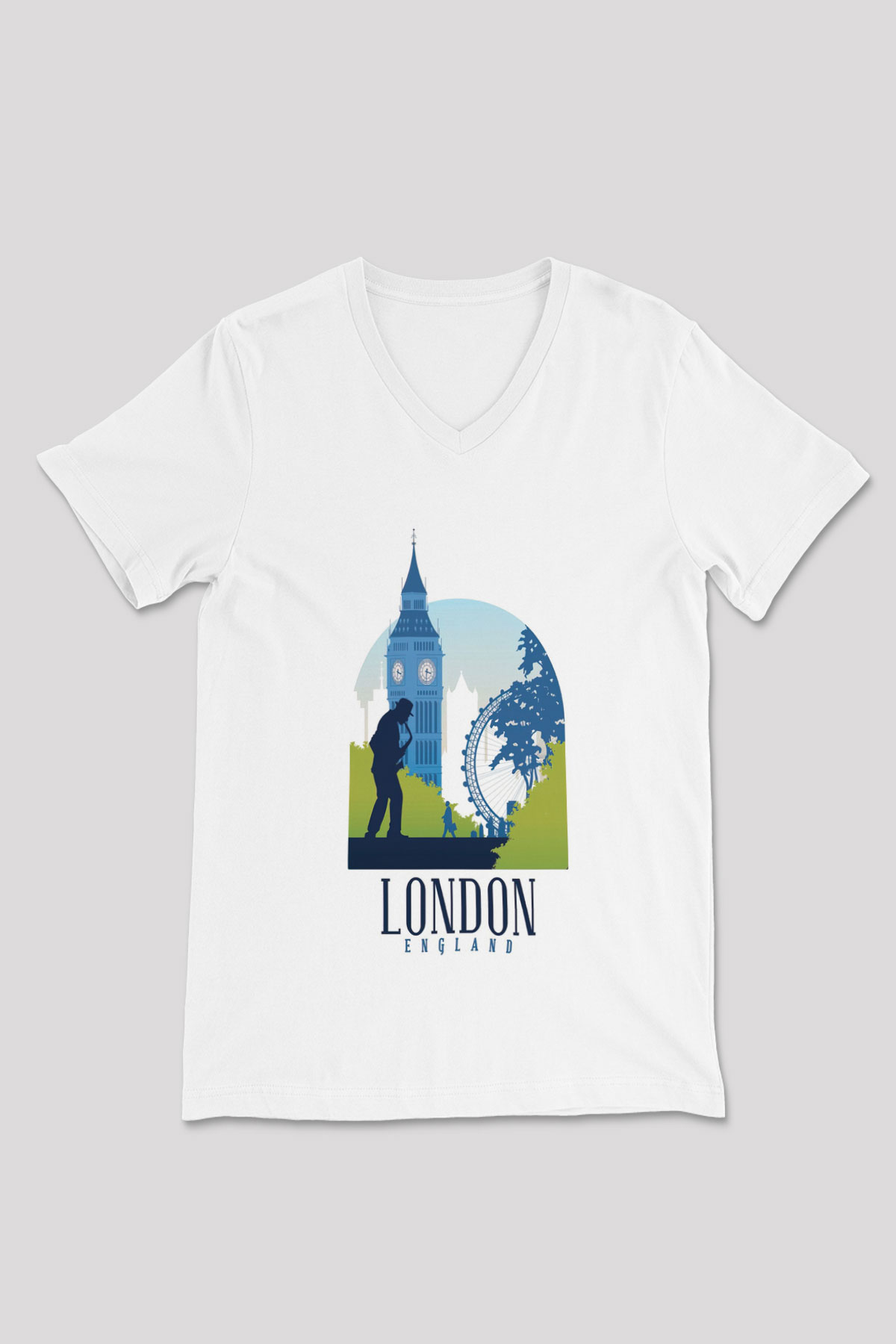 Big Ben Beyaz Unisex V Yaka Tişört