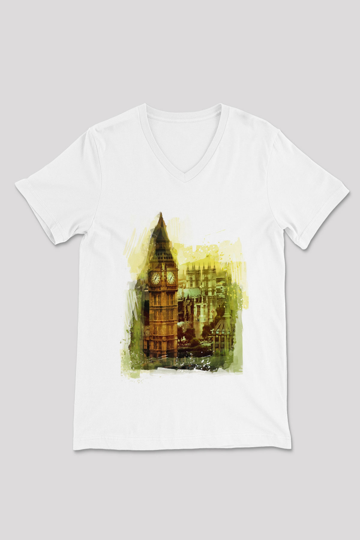 Big Ben Beyaz Unisex V Yaka Tişört