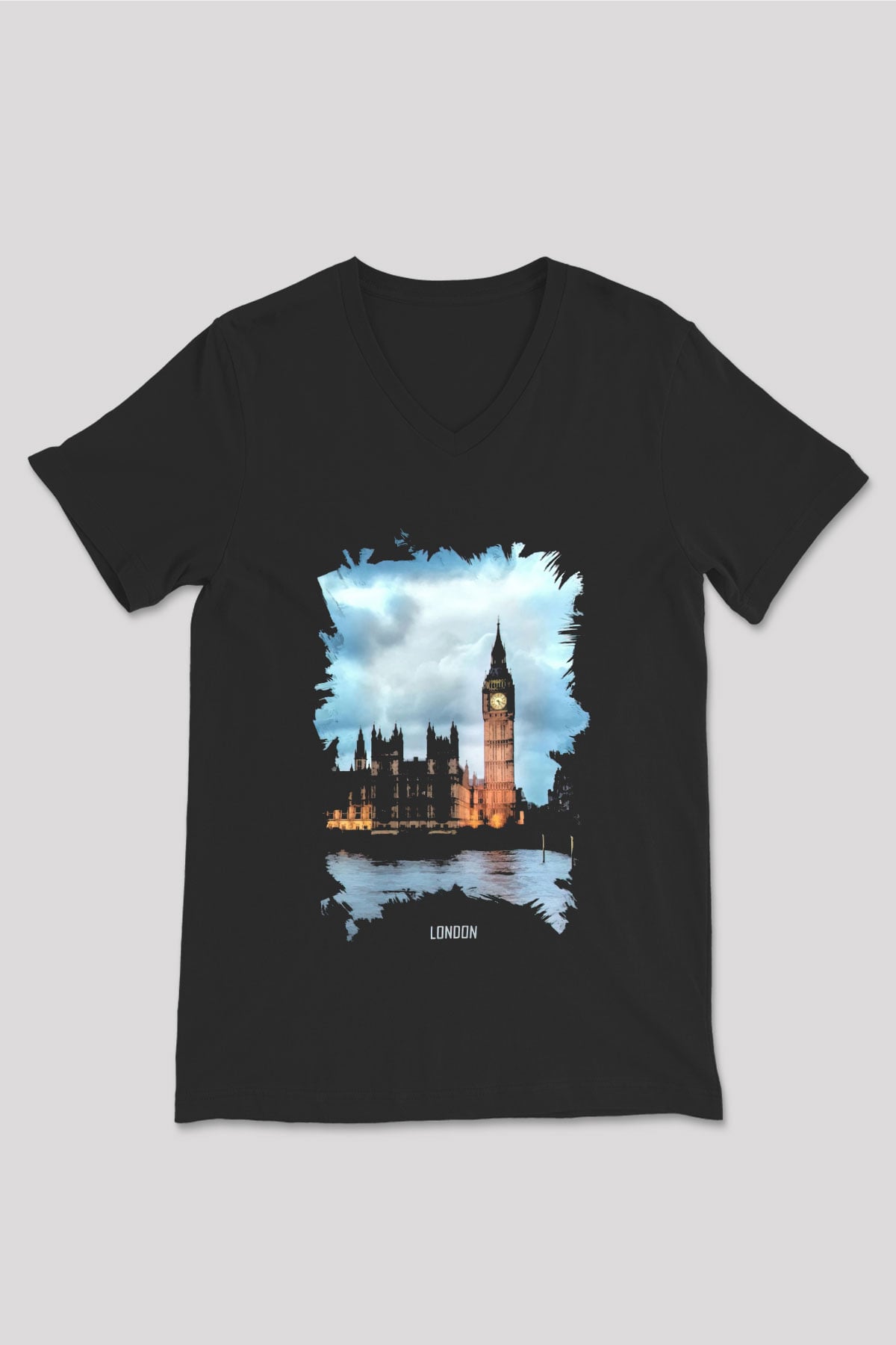 Big Ben Siyah Unisex V Yaka Tişört
