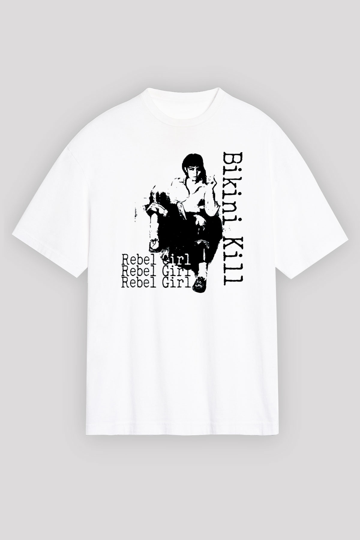 Bikini Kill Baskılı Beyaz Unisex Oversize Tişört - Tshirt