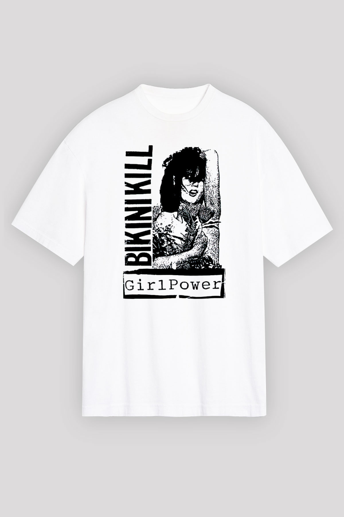 Bikini Kill Baskılı Beyaz Unisex Oversize Tişört - Tshirt
