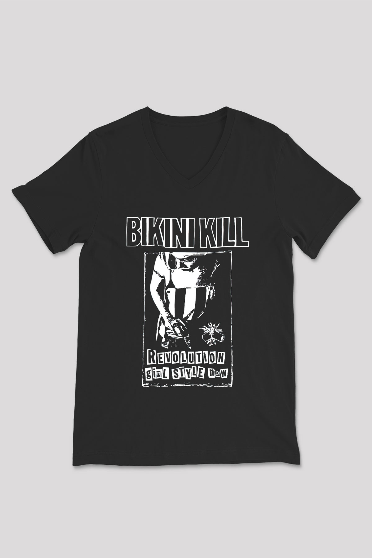 Bikini Kill Baskılı Unisex Siyah V Yaka Tişört - Tshirt