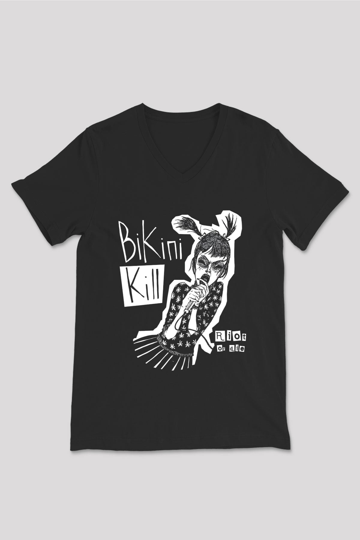 Bikini Kill Baskılı Unisex Siyah V Yaka Tişört - Tshirt