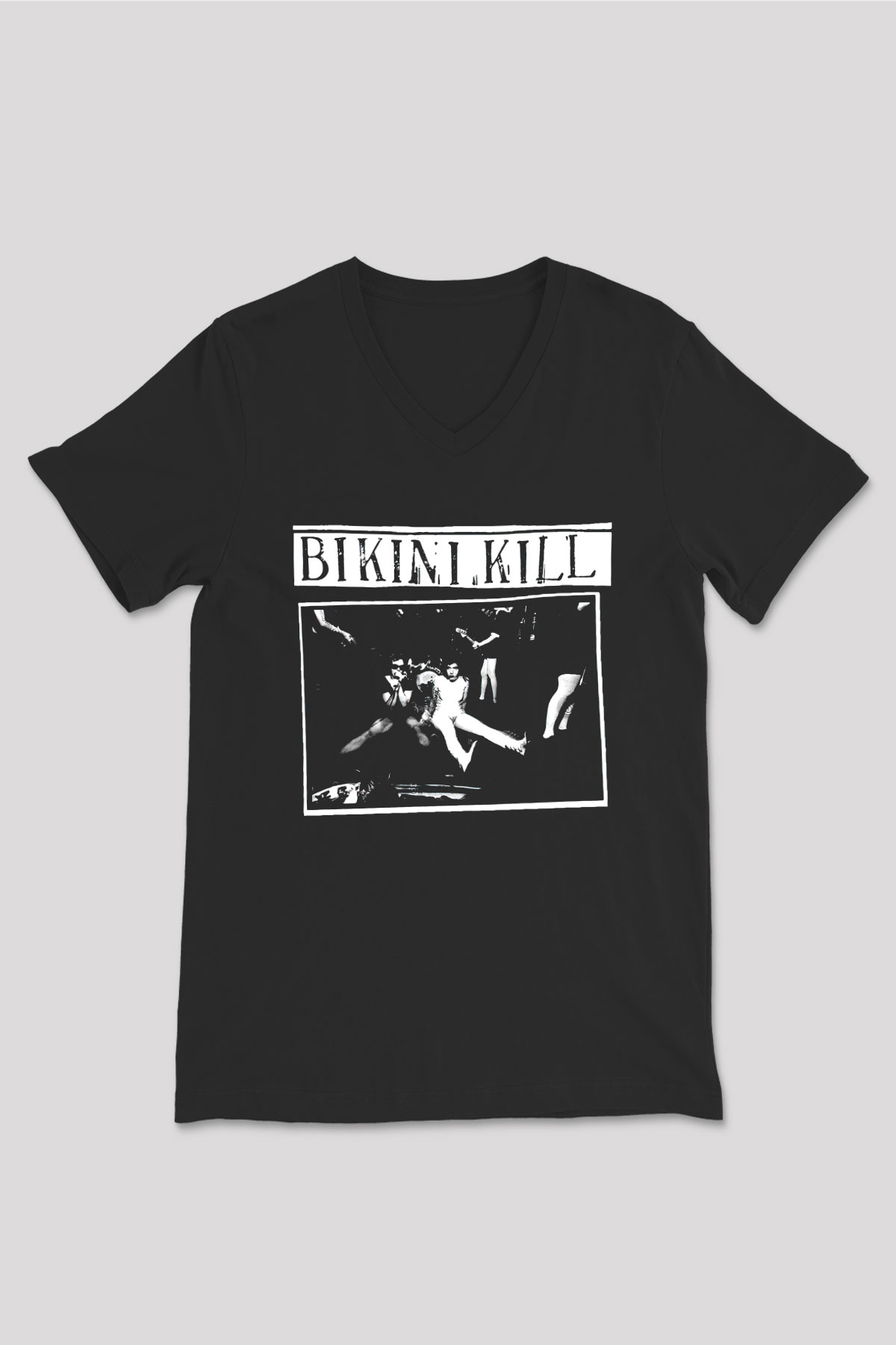Bikini Kill Baskılı Unisex Siyah V Yaka Tişört - Tshirt