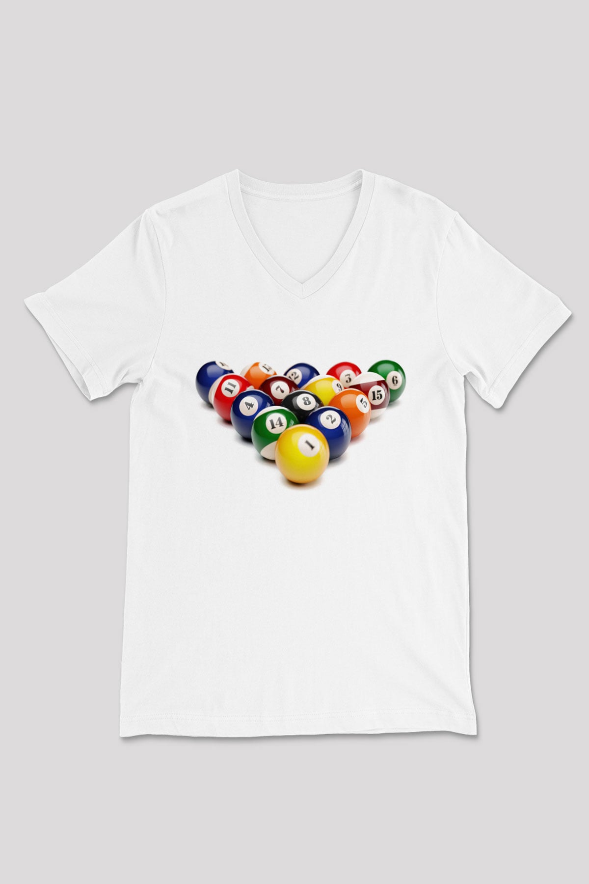 Bilardo Beyaz Unisex V Yaka Tişört T-Shirt