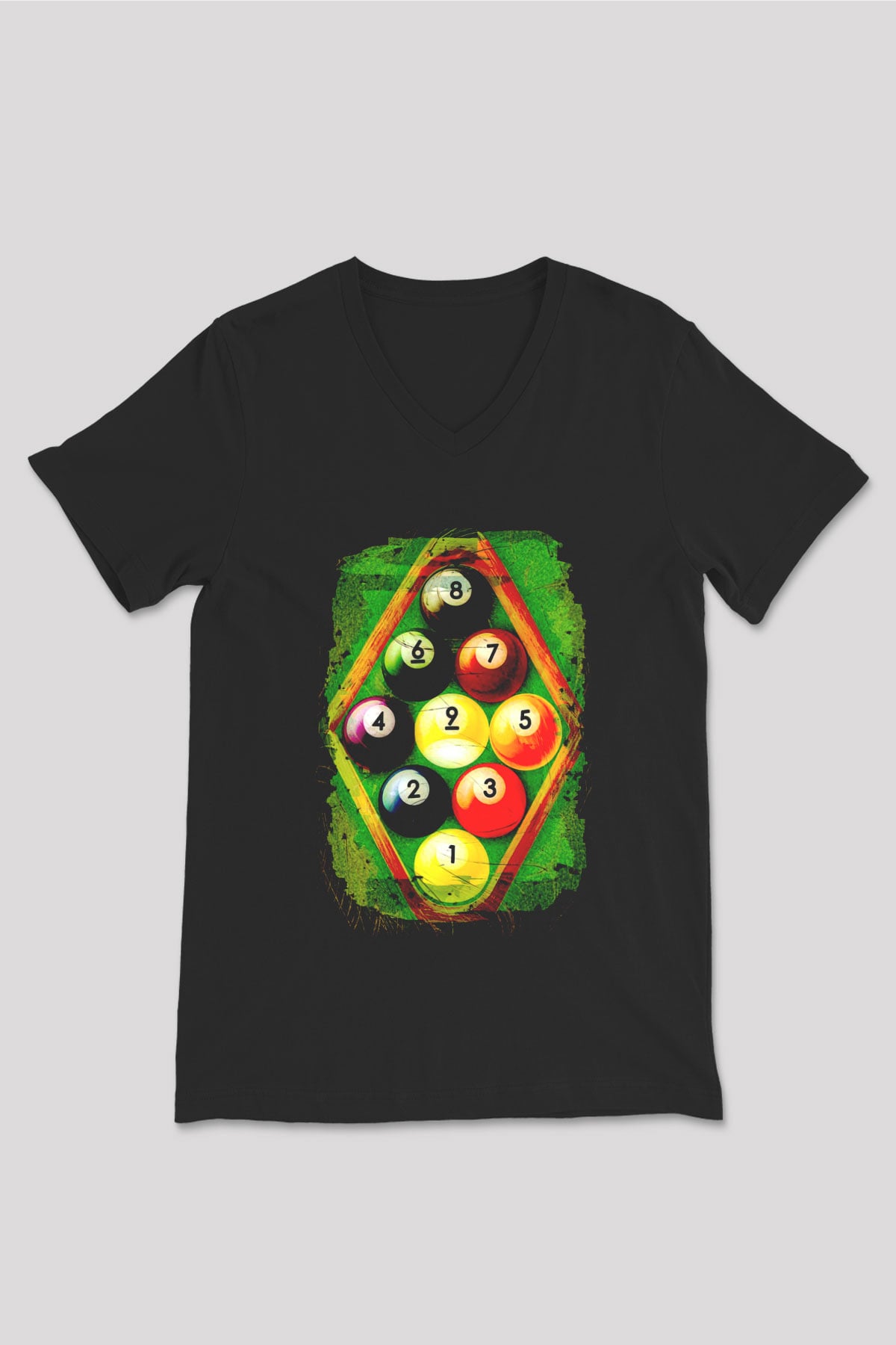 Bilardo Siyah Unisex V Yaka Tişört T-Shirt