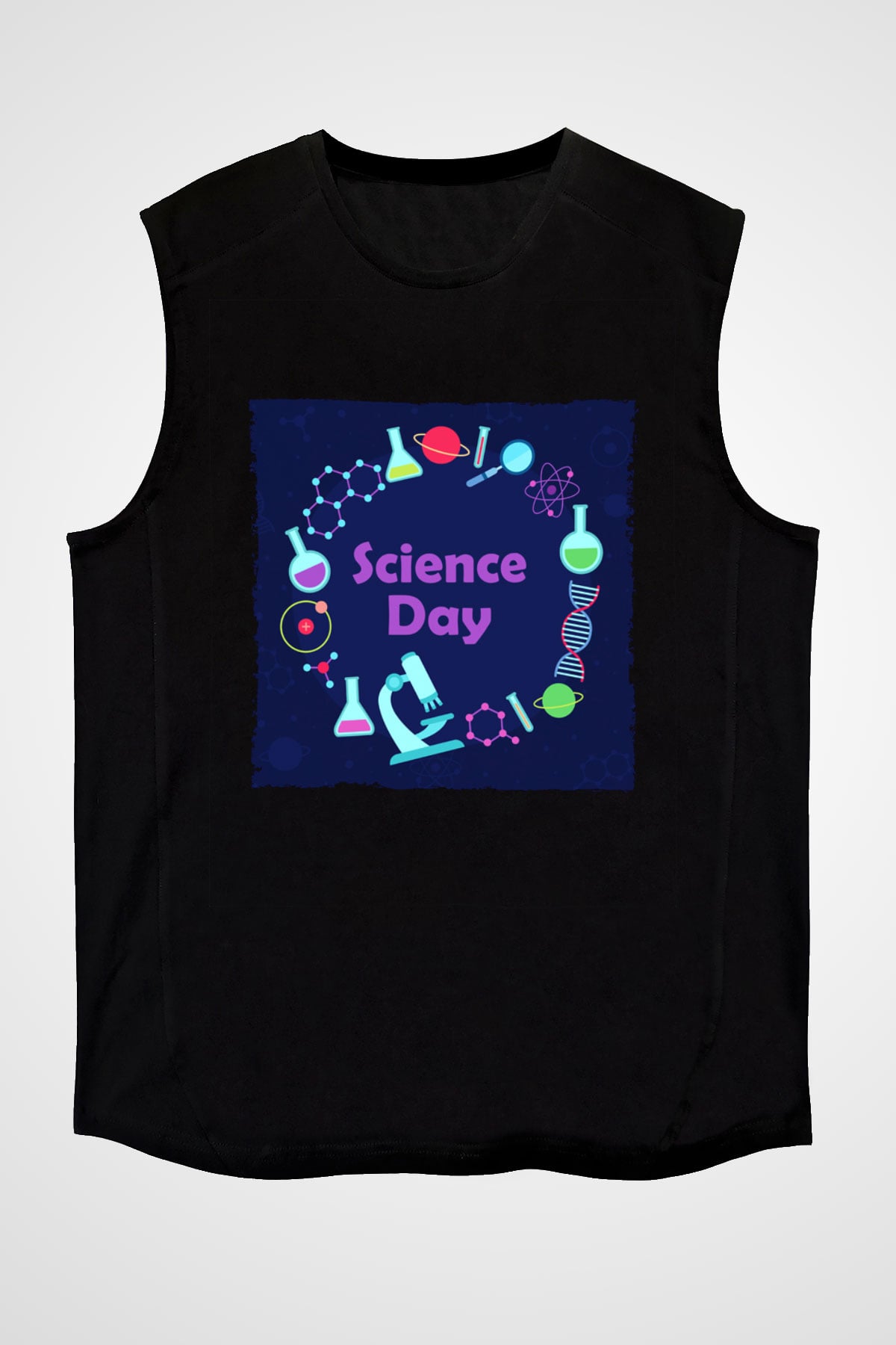 Bilim Atom Gezegen Dna Baskılı Unisex Siyah Kolsuz Tişört