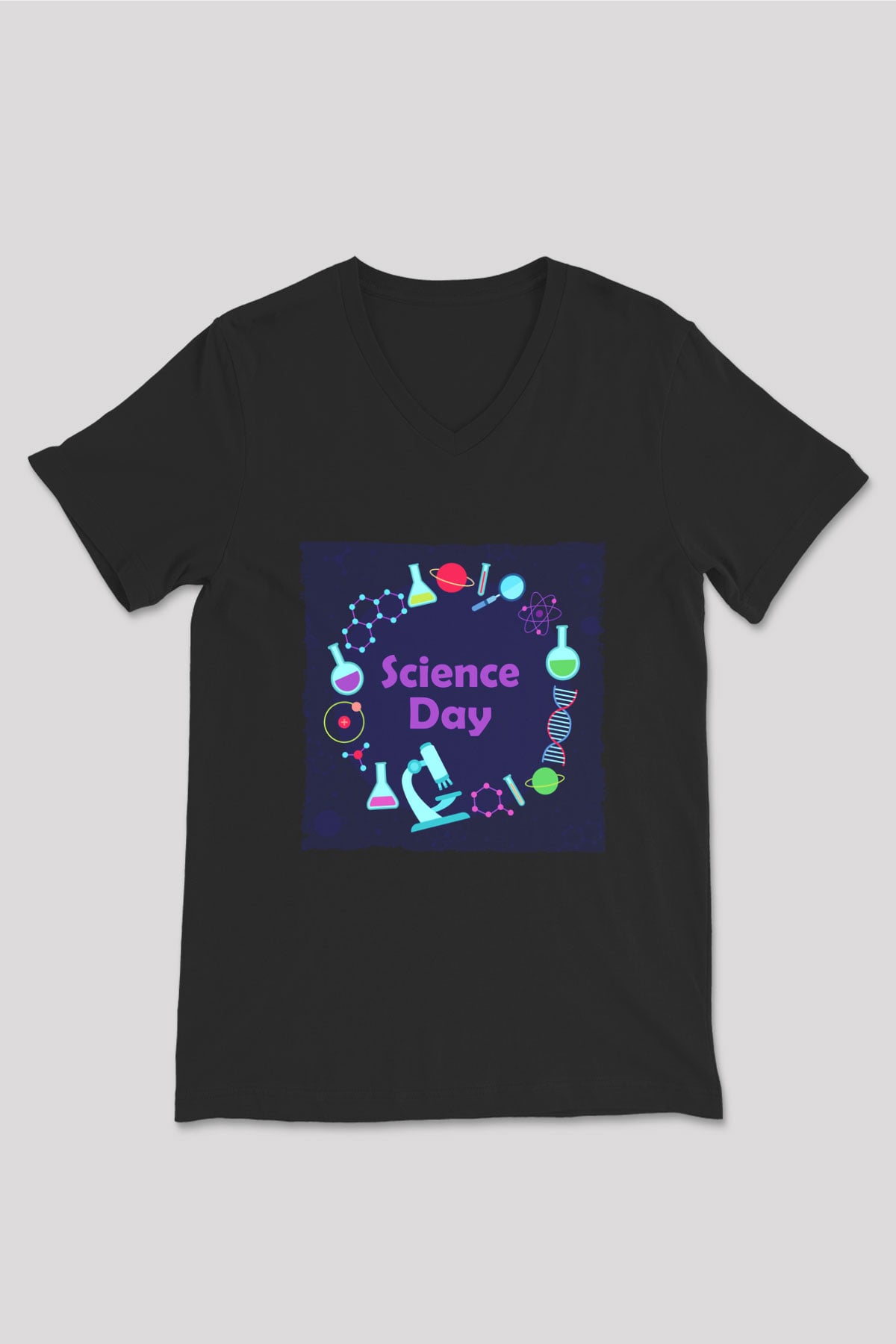 Bilim Atom Gezegen Dna Baskılı Unisex Siyah V Yaka Tişört