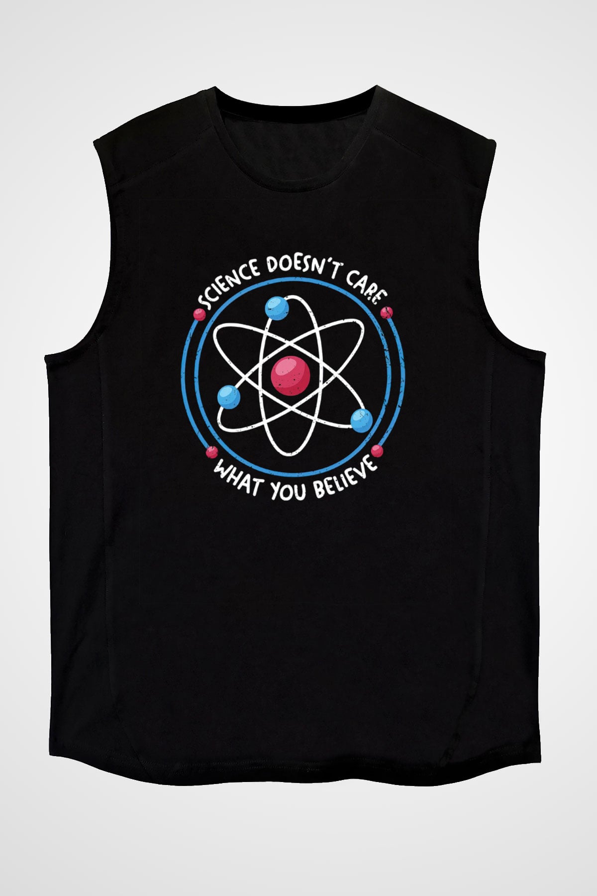 Bilim Atom Yazılı Baskılı Unisex Kolsuz Siyah Tişört - Tshirt