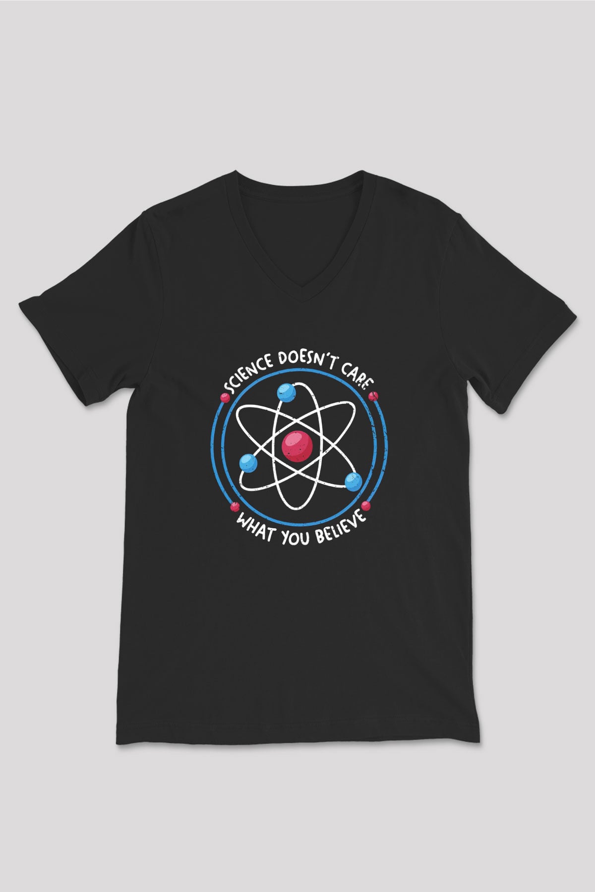 Bilim Atom Yazılı Baskılı Unisex V Yaka Siyah Tİşört - Tshirt