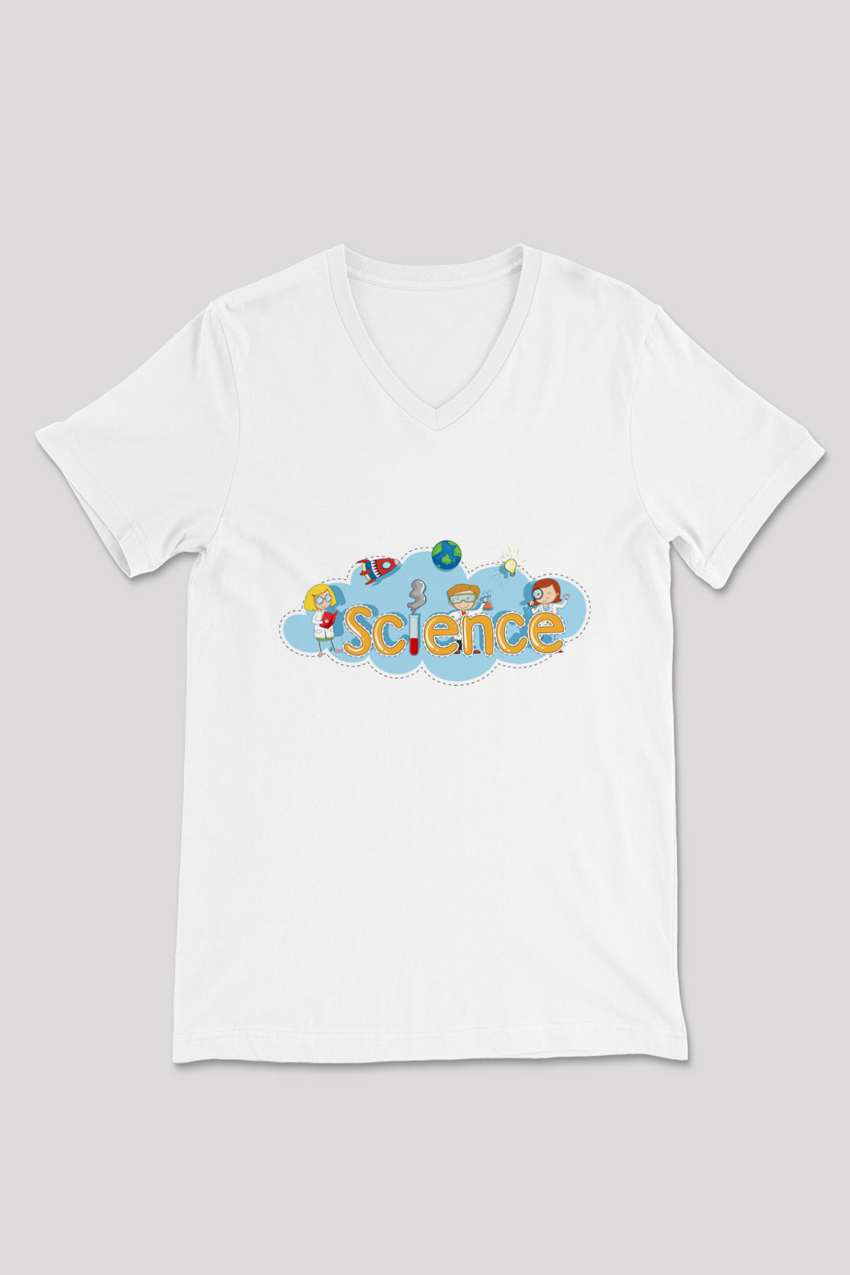 Bilim Baskılı Unisex Beyaz V Yaka Tişört