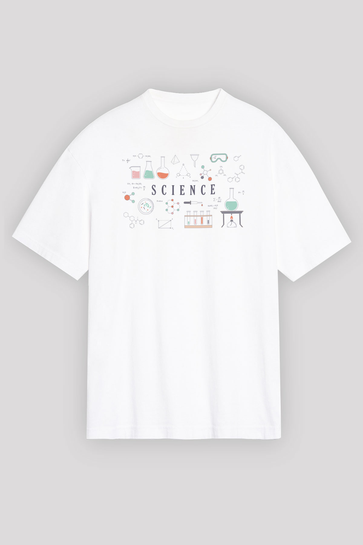 Bilim Deney Ekipmanları Baskılı Unisex Beyaz Oversize Tişört