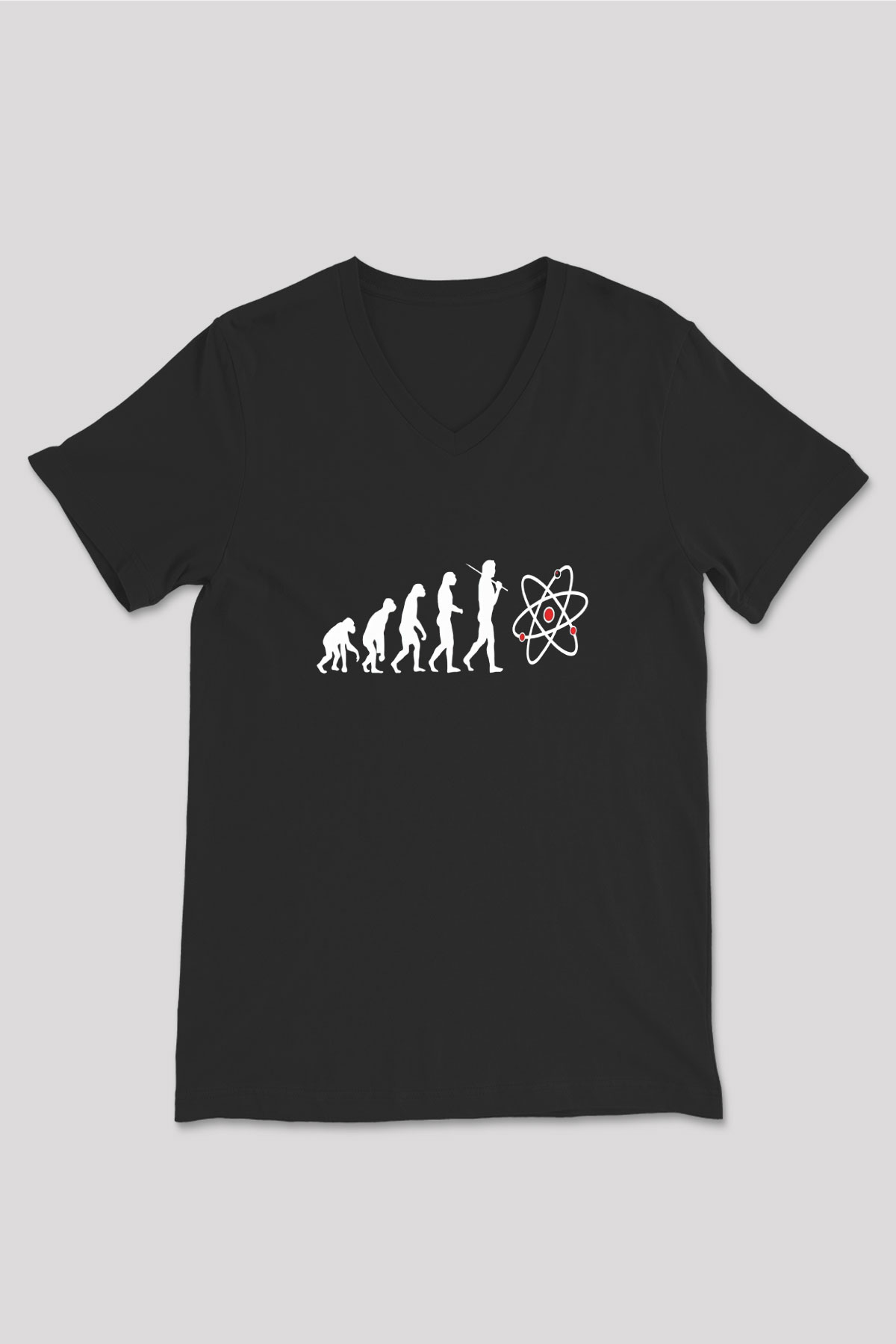 Bilim Evrim Atom Baskılı Unisex V Yaka Siyah Tİşört - Tshirt