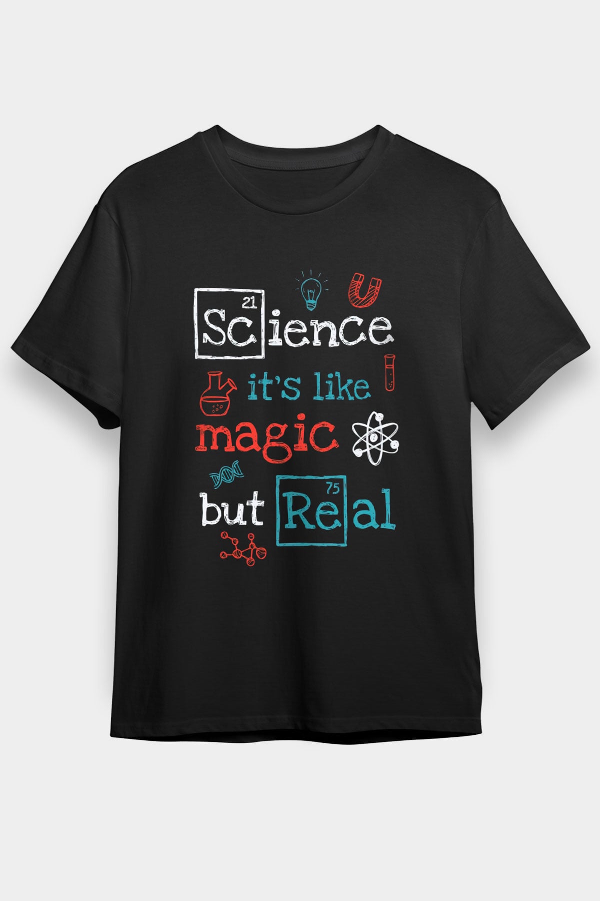 Bilim Sihir Baskılı Unisex Siyah Tişört - Tshirt