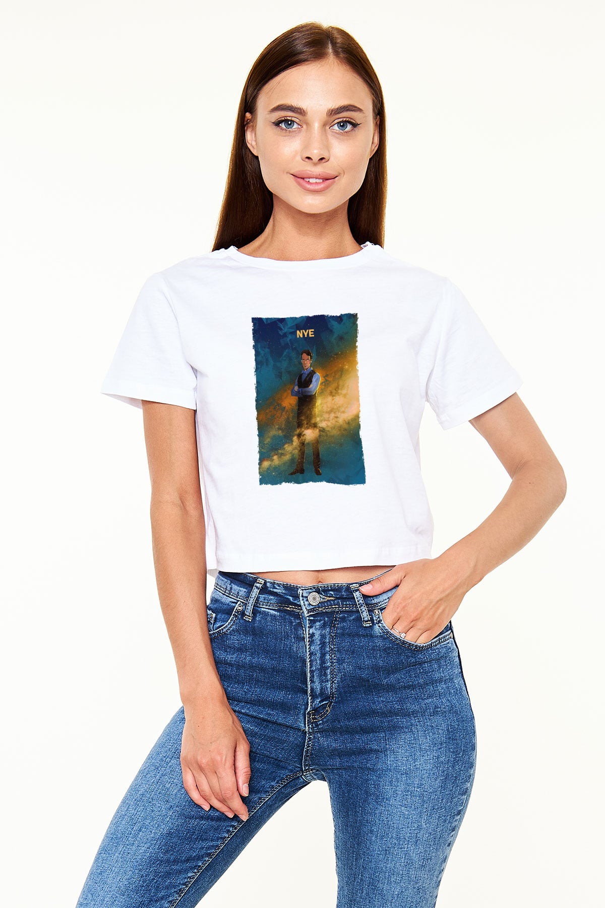 Bill Nye Baskılı Kadın Crop Top Beyaz Tişört