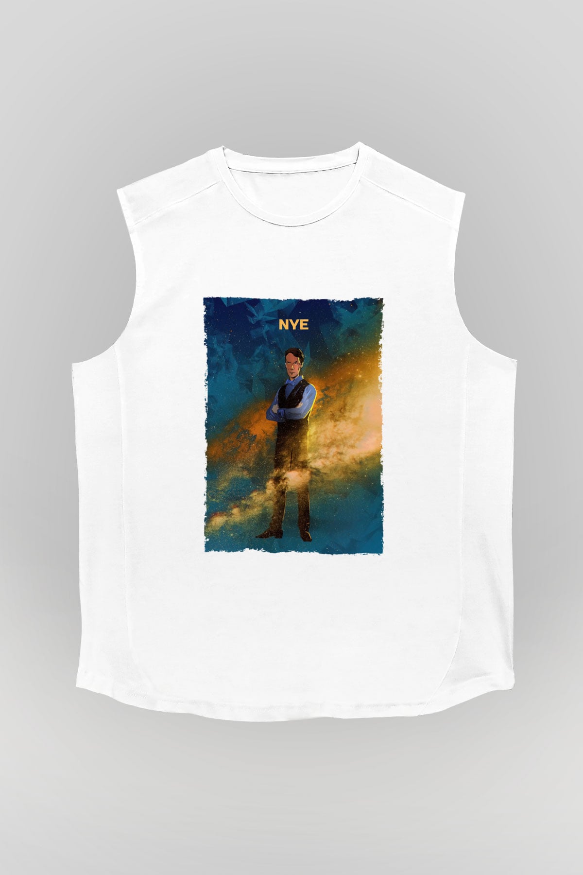 Bill Nye Baskılı Unisex Kolsuz Beyaz Tişört - Tshirt