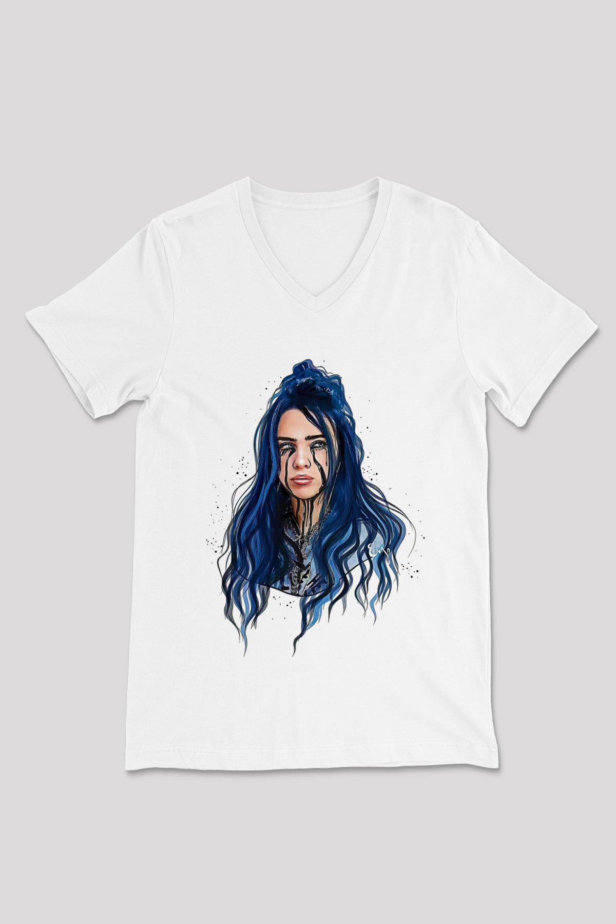 Billie Eilish Baskılı Beyaz Unisex V Yaka Tişört - Tshirt